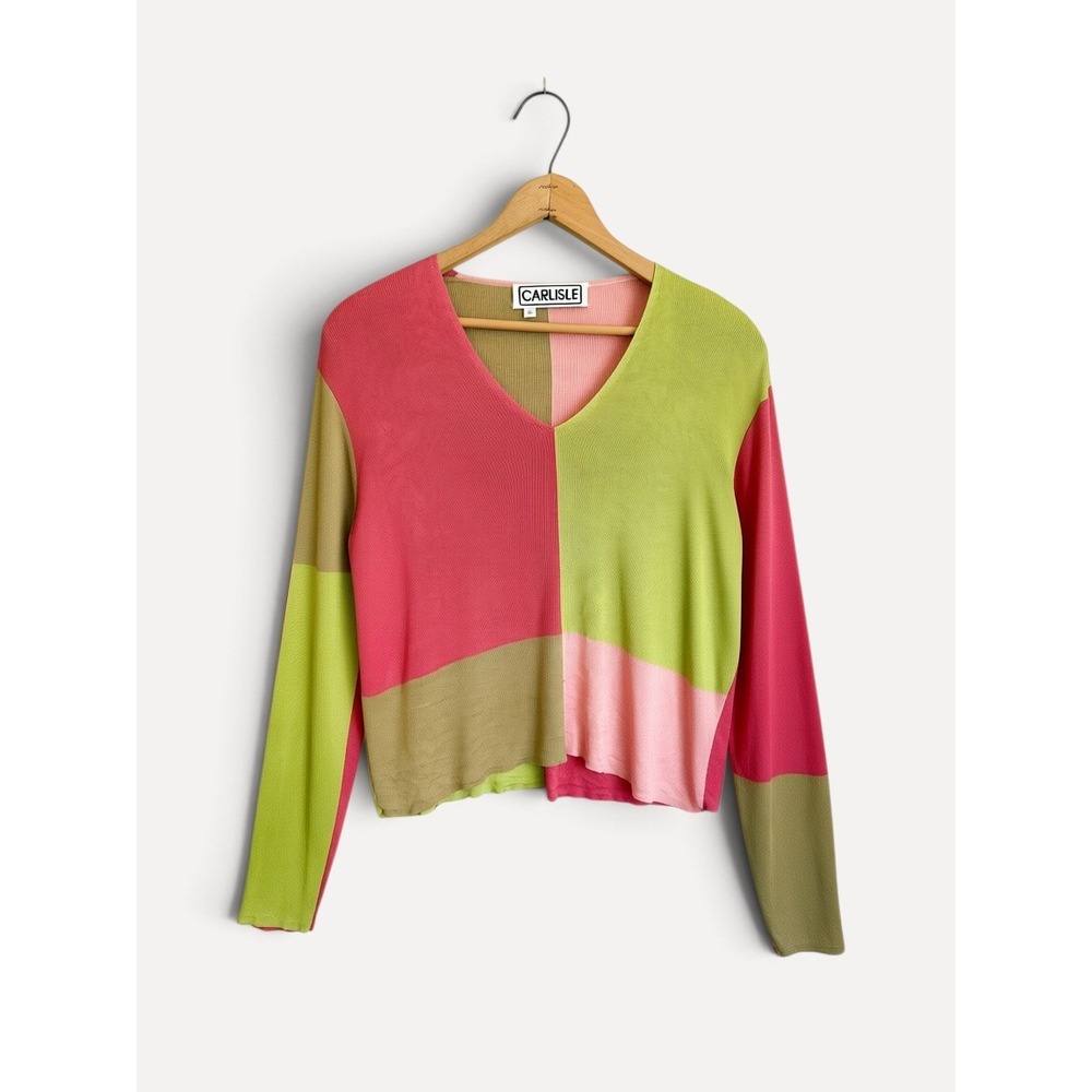 Carlisle Sweater Colorblock V-Neck Silk Ribbed Knit L Pink Green Patchwork Top